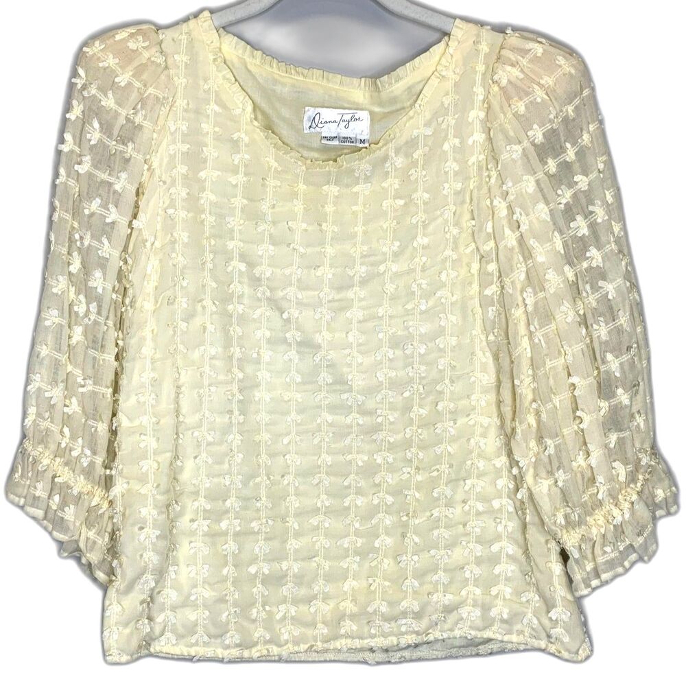 VTG Diana Taylor Sheer Cream Blouse Bows Puff Sleeves Romantic Fem Cottagecore M